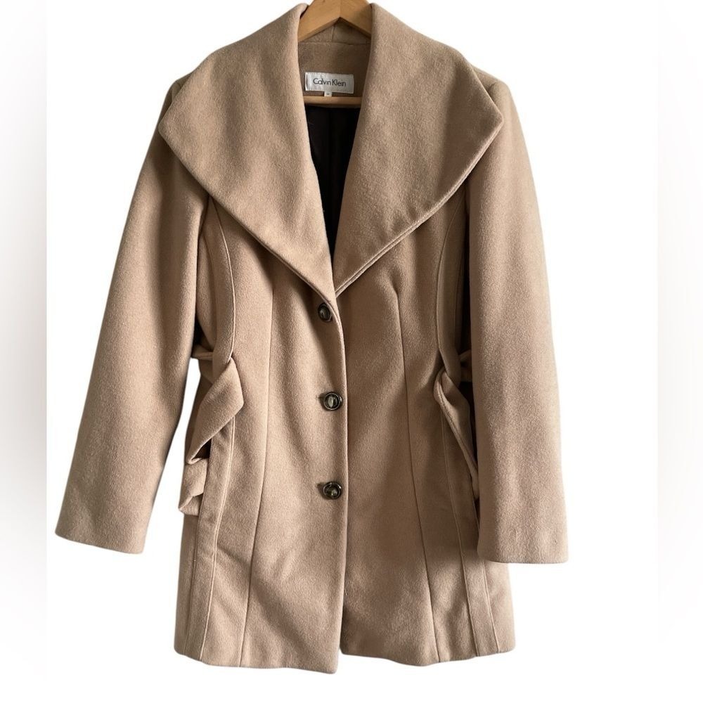 Calvin Klein Coat Women 12‎ Belted Shawl Collar Camel Tan EUC